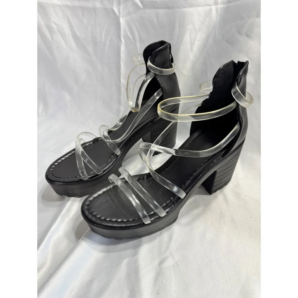 Womens Black Platform Lug Sole Sandals Clear Vinyl Straps Chunky Block Heel Y2K